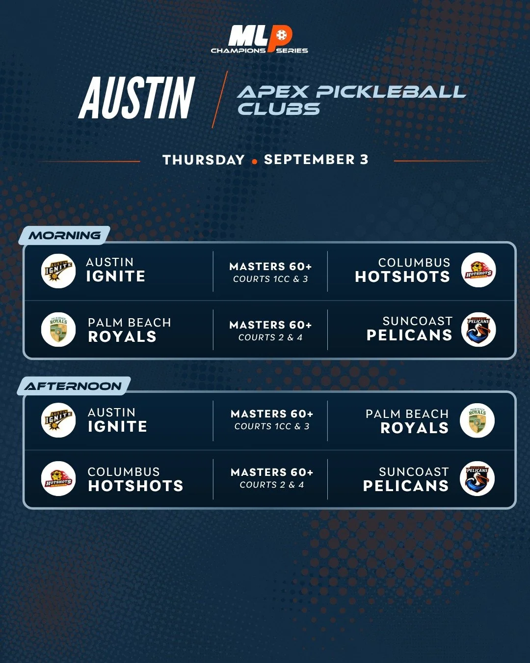 Today&rsquo;s Team Battles are set! 🔥

Day 1 is underway in Austin and Phoenix with a full lineup of MLP Champions Series matchups.

Swipe to see today&rsquo;s schedules, then tell us which matchup you&rsquo;re most excited to watch! 👇

🎥 Austin: 