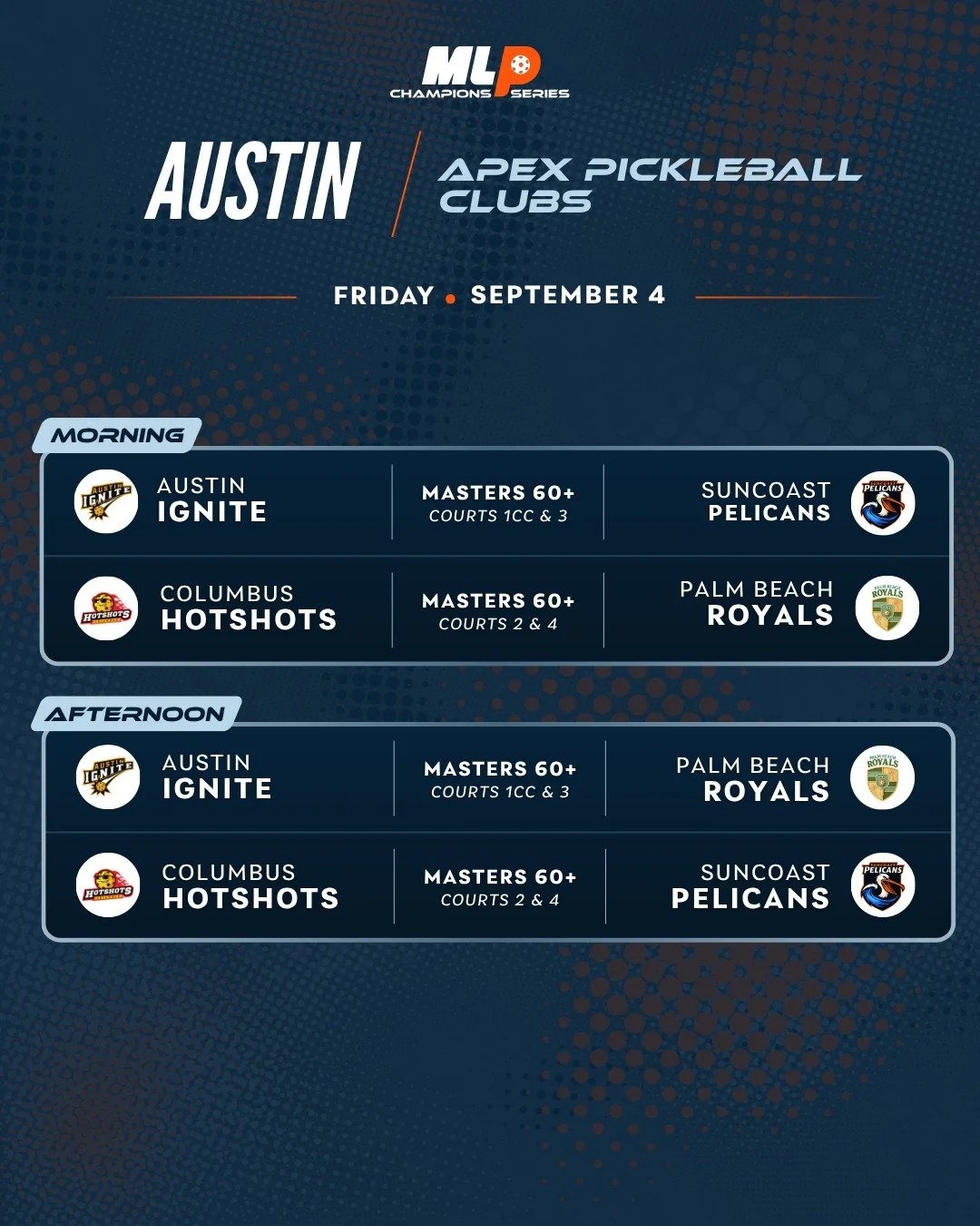 Ready for another day of Team Battles? 🔥

The action continues in Austin and Phoenix with another packed schedule of MLP Champions Series matchups.

Swipe to see who&rsquo;s taking the court today, then tell us which team you&rsquo;re cheering for! 