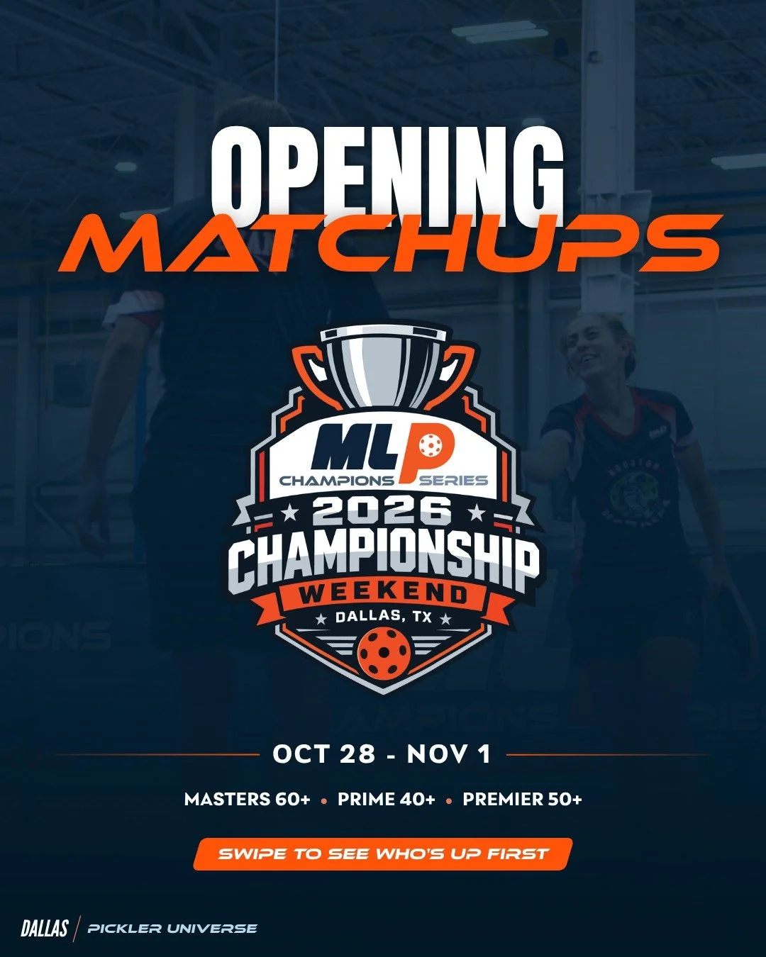 First opponents. One goal. 🏆🔥

The opening matchups are set for Championships! Swipe through to see who faces off first in Prime 40+, Premier 50+ and Masters 60+.

Which Team Battle has your attention? 👇

📍 Pickler Universe, Carrollton, TX
📅 Oct