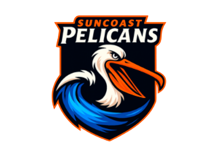 Logo of the Suncoast Pelicans featuring a stylized pelican with a white head, orange beak, and a blue water splash, with the team name in bold text.