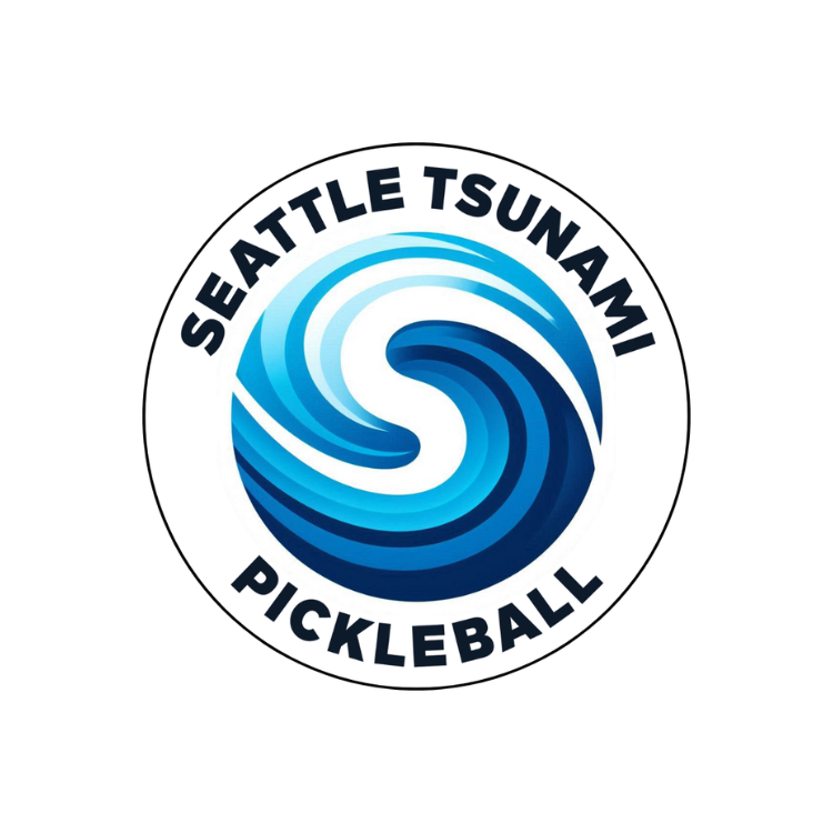 Logo of a coastal whirlpool with the text 'Seattle Tsunami Pickleball' surrounding it.