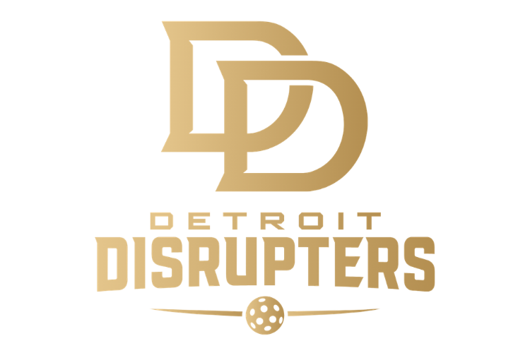Logo for the Detroit Disruptors basketball team, featuring stylized interlocking letters 'D' and 'D' in gold, with the team name underneath and a small basketball icon below.