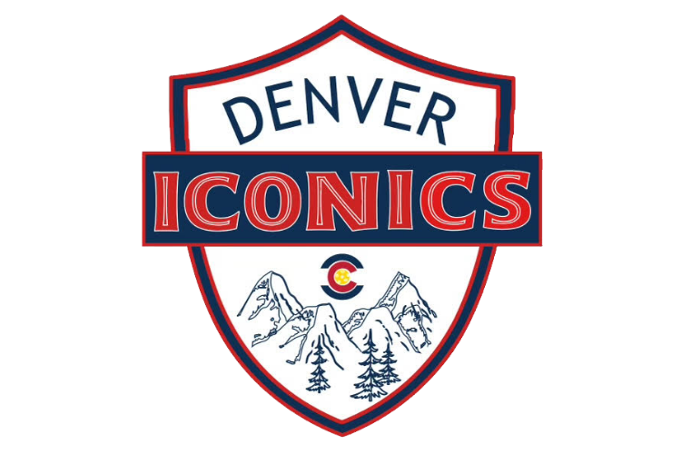 Denver Iconics logo with a shield design featuring mountains, pine trees, and a Colorado flag emblem.