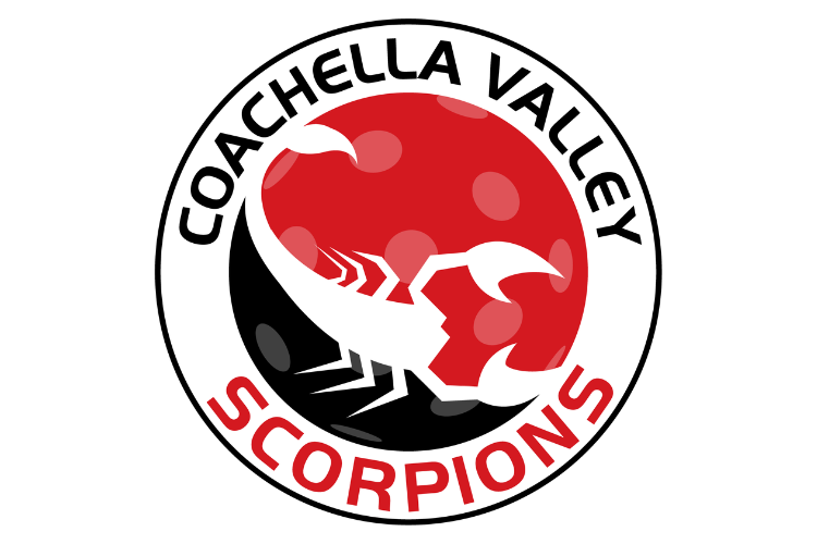 Logo of the Coachella Valley Scorpions featuring a red moon, a black and white scorpion, and black and red text.