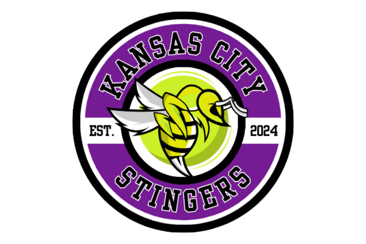 Logo for Kansas City Stingers featuring a yellow and white bee, with purple and green accents, and text 'Kansas City Stingers' and 'Est. 2024'.