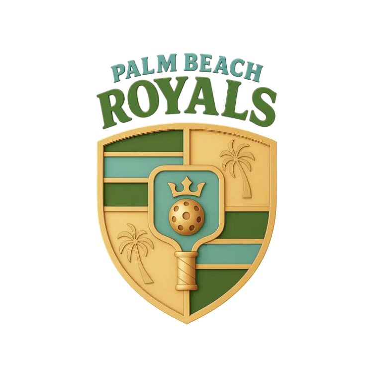 Logo of the Palm Beach Royals featuring a golf theme with palm trees and a crown-topped golf ball, shield-shaped design in green, gold, and teal colors.