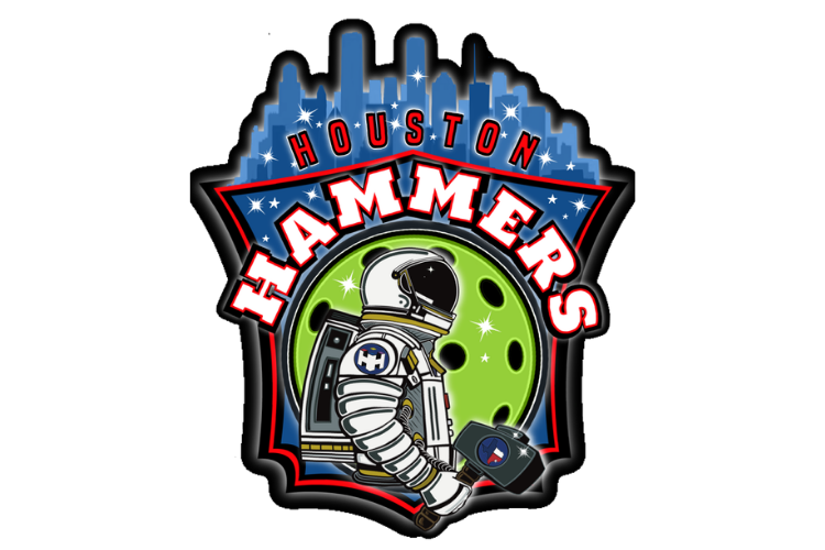 Houston Hammersch logo featuring an astronaut holding a hammer, with a green pickleball and a cityscape silhouette in the background.