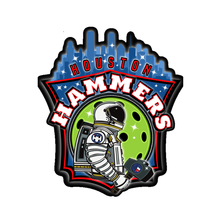 Houston Hammeers logo featuring an astronaut holding a hammer and a space scene in the background.