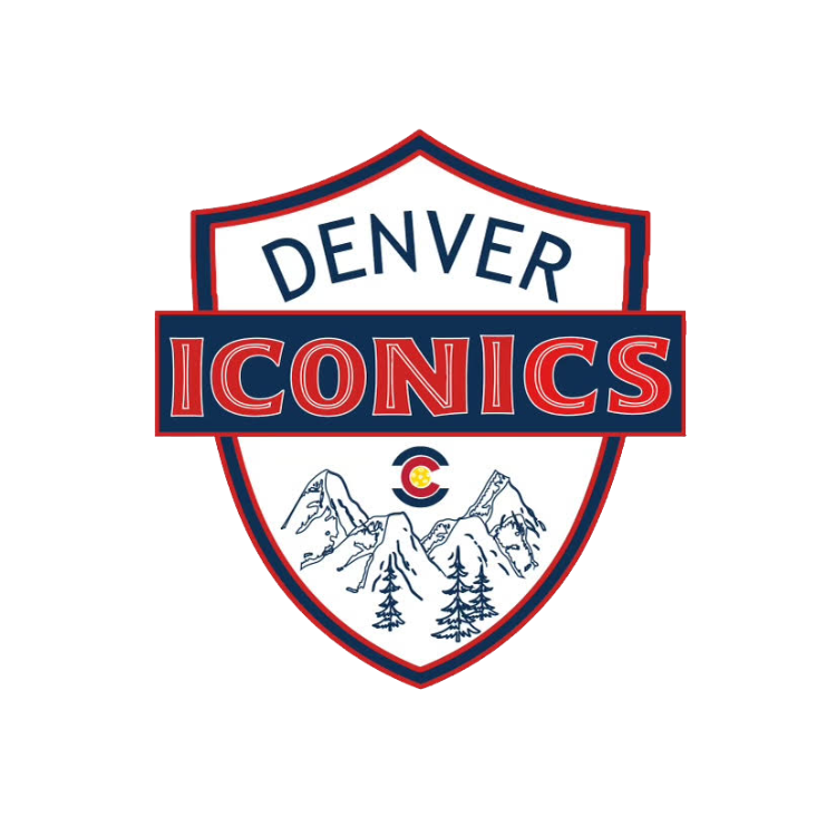 Logo for Denver Iconics featuring a shield with mountains and pine trees, the word 'DENVER' at the top, and 'ICONICS' across the center, with a small Colorado state flag in the middle.