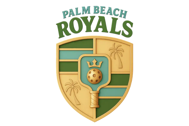 Palm Beach Royals logo featuring a shield with a pickleball, crown, and palm trees, and the text 'Palm Beach Royals' above.