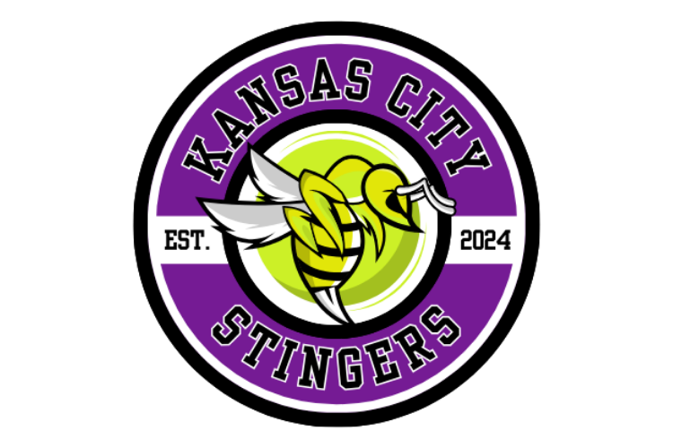 Logo for Kansas City Stingers featuring a cartoon yellow jacket in a fighting stance with purple and green colors, text reading 'Kansas City Stingers', 'Est. 2024'.