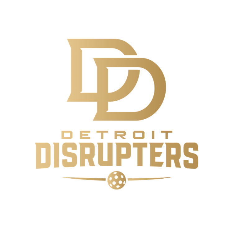 Logo for the Detroit Disrupters featuring stylized D and D initials, the word 'Detroit' above 'Disrupters,' and a small pickleball graphic underneath.