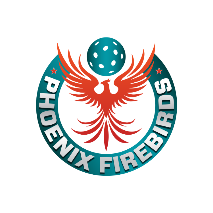 Phoenix Firebirds logo featuring a red phoenix with outstretched wings holding a blue pickleball with white dots inside a circular border with the words "PHOENIX FIREBIRDS".