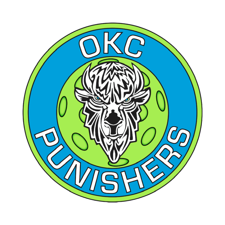 Logo for OKC Punishers featuring a stylized goat's head in black and white with blue eyes, surrounded by a green circle with a blue outer ring containing the text "OKC PUNISHERS".
