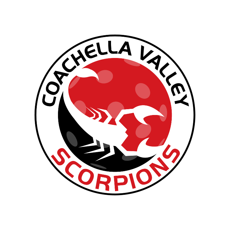 Logo of the Coachella Valley Scorpions showing a white scorpion with red and black background, text around the logo reading 'Coachella Valley Scorpions'.