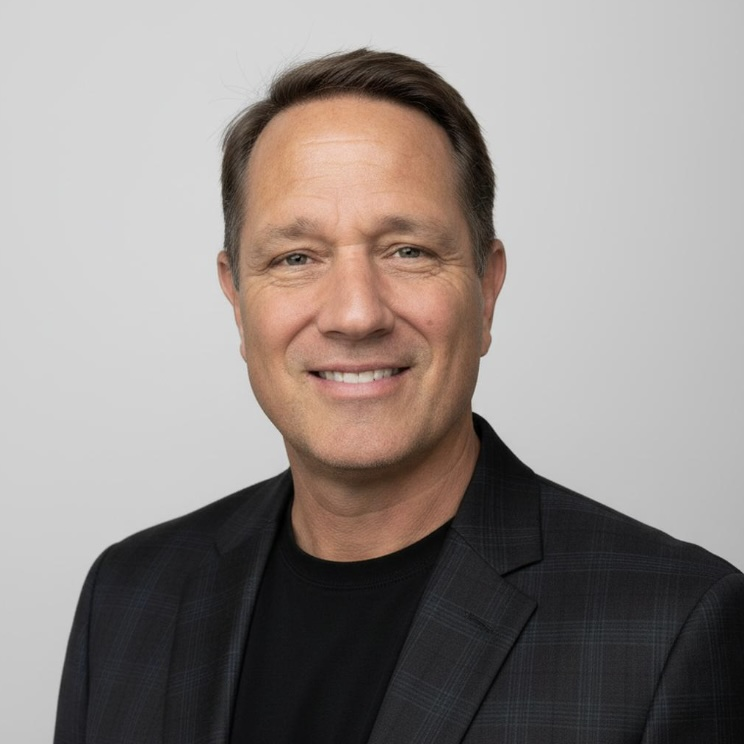 Headshot of a man with short brown hair, smiling, wearing a dark checkered blazer and black shirt, against a plain light gray background.