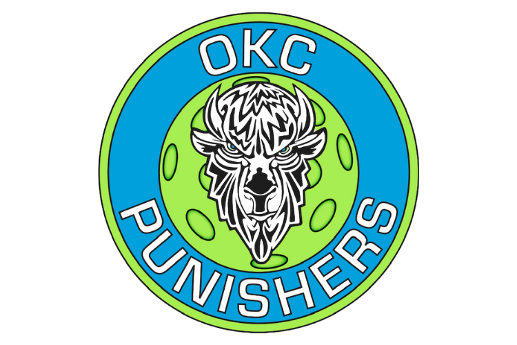 Logo with a stylized wild boar's head in the center, surrounded by a green and blue circular border, with the words 'OKC PUNISHERS'.