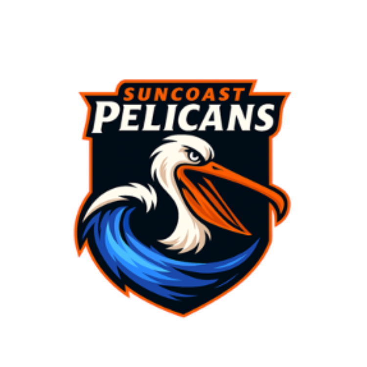 Logo of the Suncoast Pelicans sports team, featuring a white pelican with an orange beak and a blue wave on a black shield background.