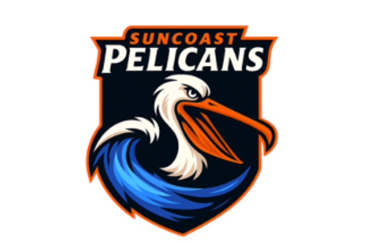 Suncoast Pelicans logo featuring a pelican with an orange beak and a blue wave behind it, with team name text above.