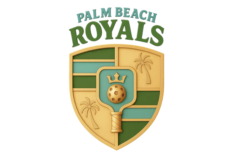 A shield-shaped logo with the words 'Palm Beach Royals' at the top, featuring a golf ball with a crown, and palm trees in a geometric divided background with green and yellow sections.