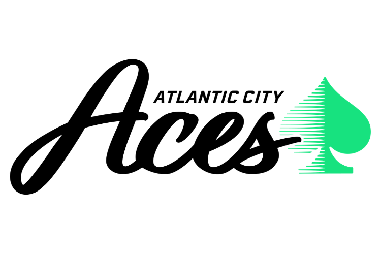 Logo for Atlantic City Aces featuring the team name in stylized font and a green spade symbol on the right.