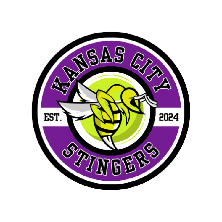 Logo of the Kansas City Stingers with a yellow and black zigzag bee holding a pickleball paddle, purple and green background, established 2024.
