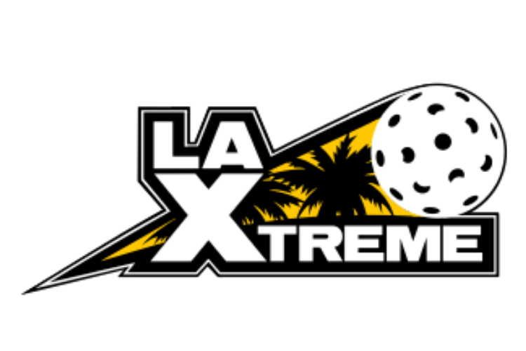 Logo for LA Xtreme featuring bold white and black text, a yellow lightning bolt, black palm trees, and a large, white, pickleball on a black background.