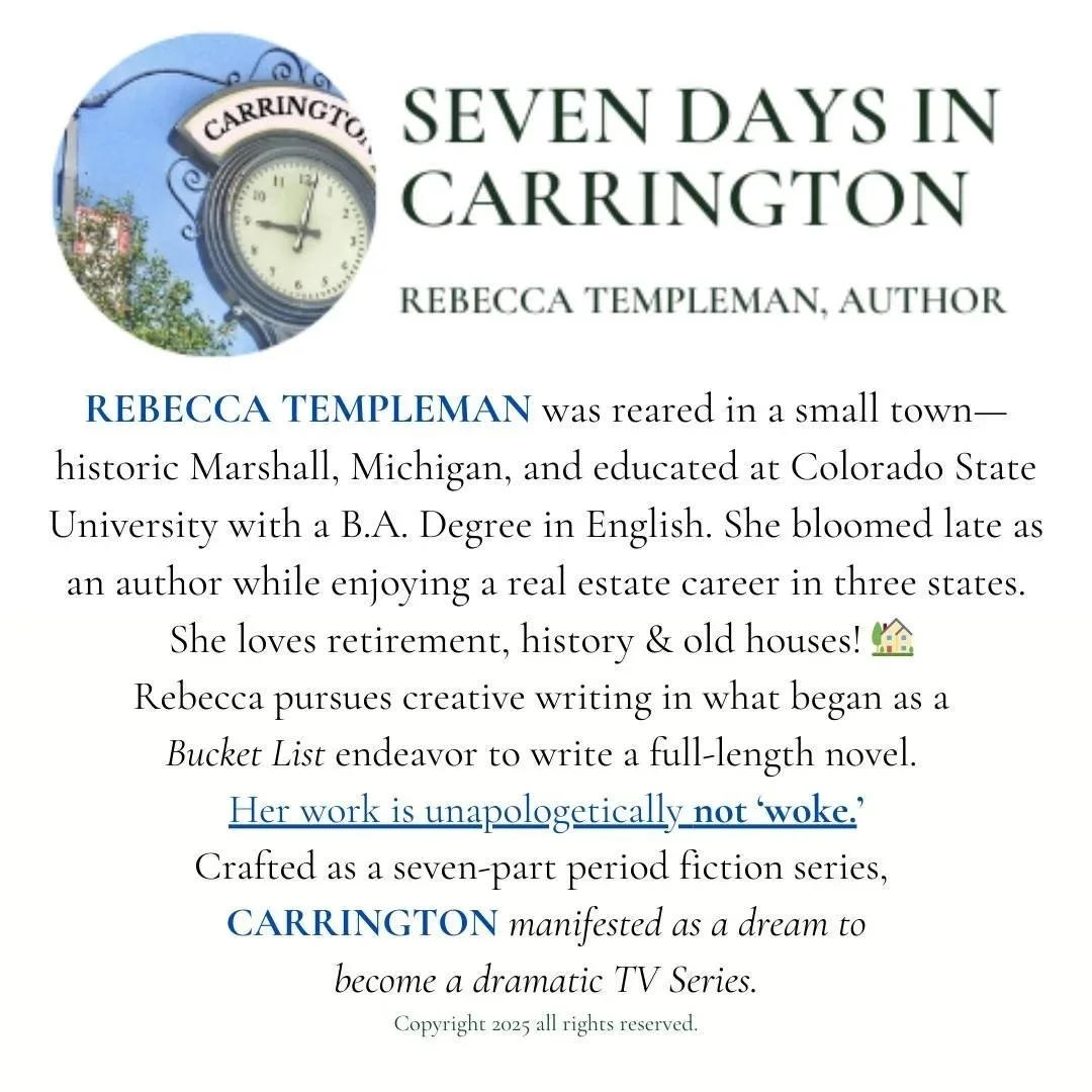 Book page about Rebecca Templeman, author of "Seven Days in Carrington," with small photo of a clock on a building and a blue sky in the background.