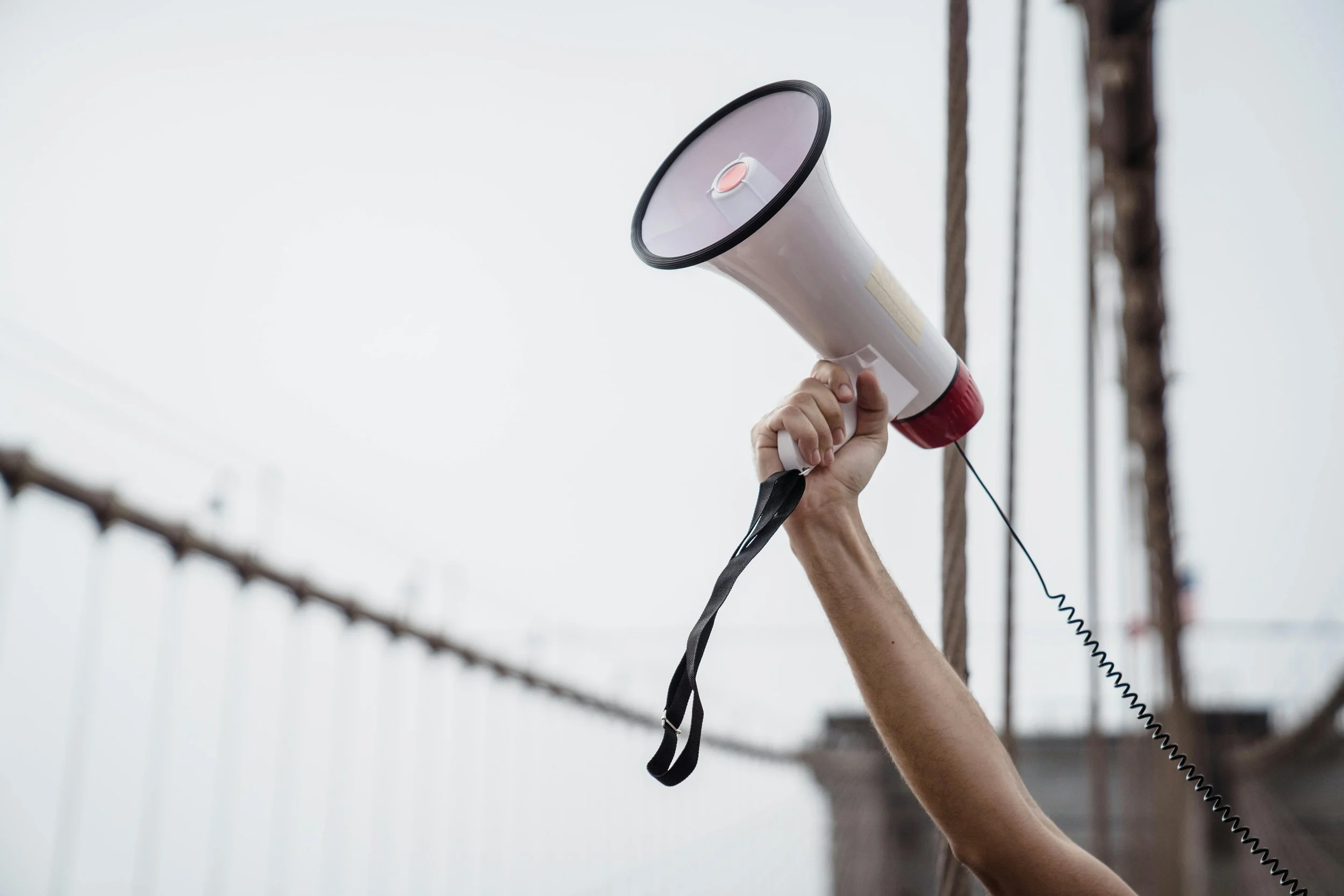 A person's hand holding a white megaphone with a pink button on the top, against a backdrop of a clear sky and tree branches.