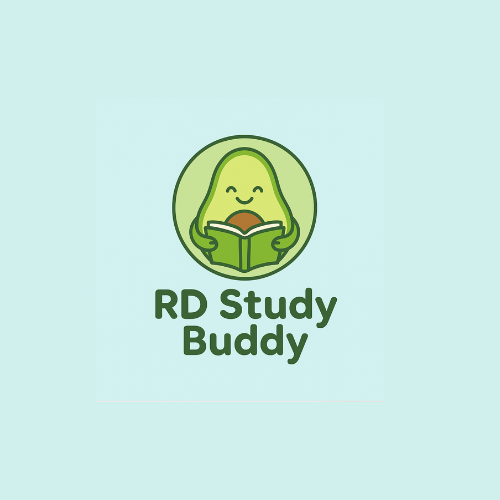 Cute avocado character reading a book with the text "RD Study Buddy"