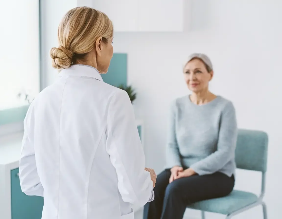 Female physician in white coat consulting with a seated female patient — primary care at Trillium Concierge Medicine Shoreline WA