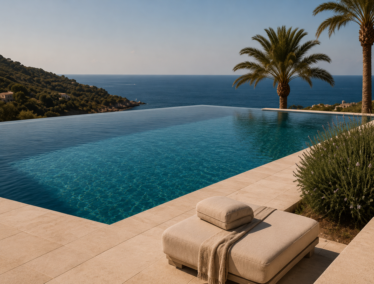 Infinity pool overlooking the ocean with palm trees and hillside in the background, beige lounge chair with a towel and pillow on a tile deck.