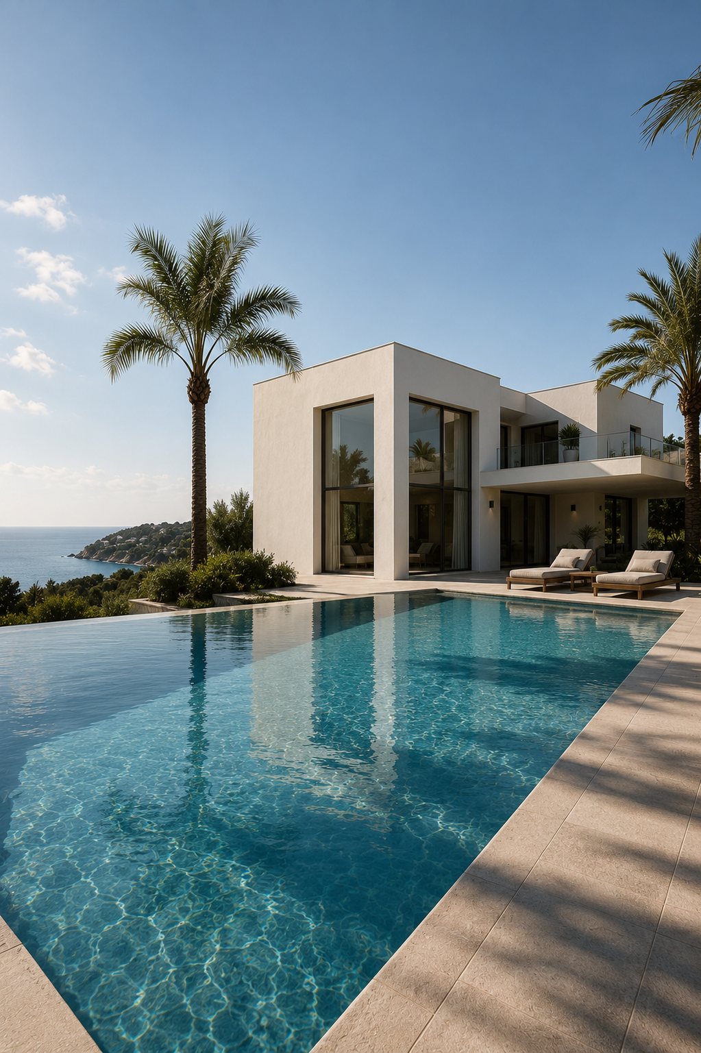 Modern white house with large glass windows and balconies, surrounded by tall palm trees, overlooking an ocean view. An infinity pool with clear blue water is in the foreground with lounging chairs nearby. The sky is clear with a few clouds.