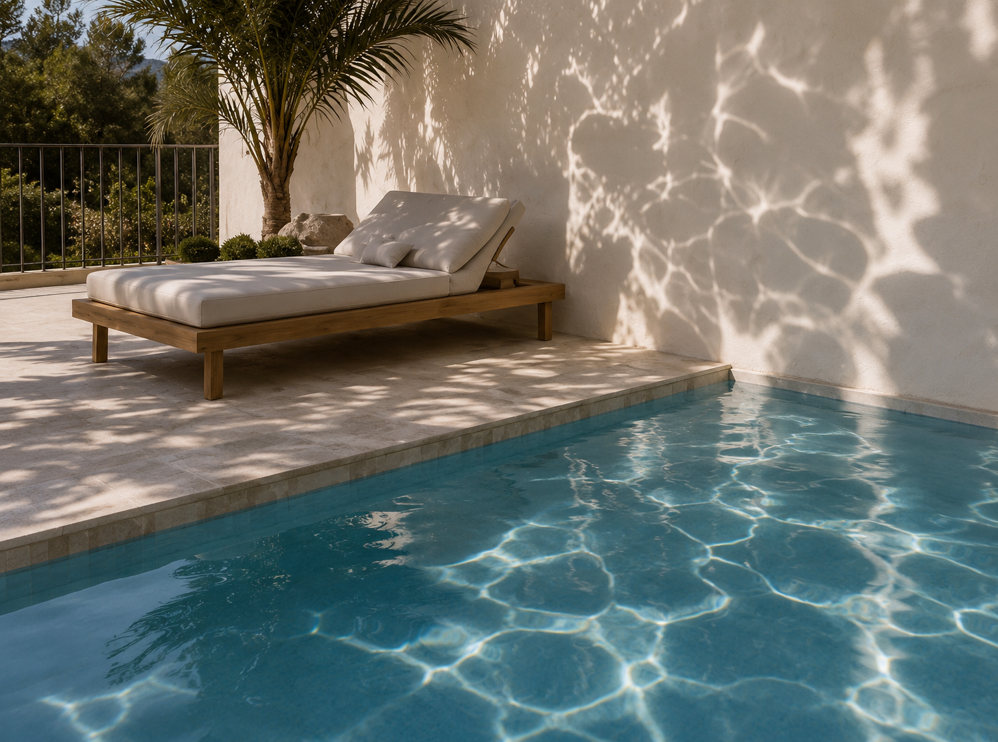A relaxing outdoor scene featuring a wooden lounge chair with cushions beside a small pool, with sunlight creating patterned shadows on the white wall and nearby plants including a palm tree.