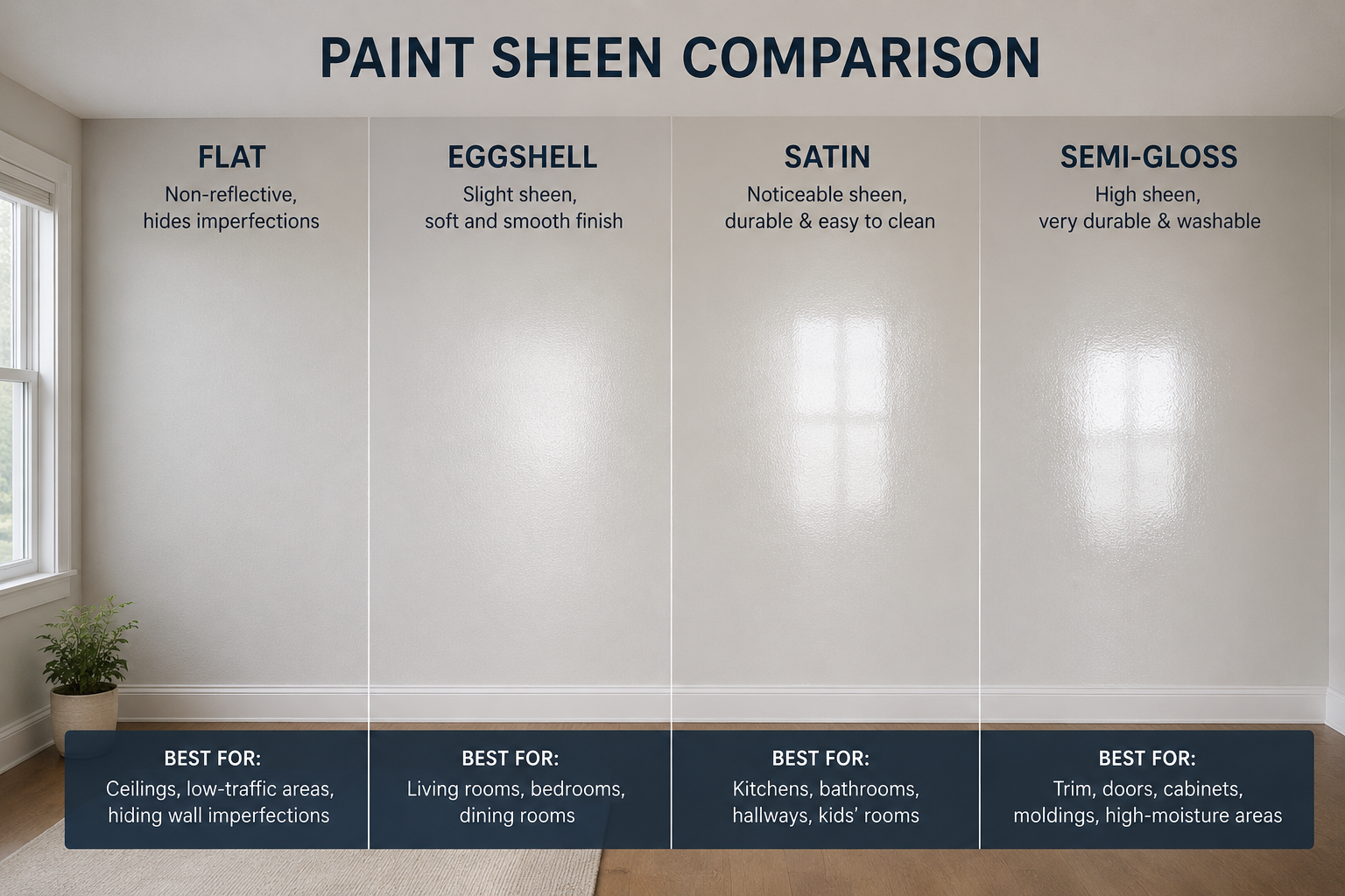 Paint sheen comparison showing flat, eggshell, satin, and semi-gloss finishes, with recommended uses for each interior wall paint finish.