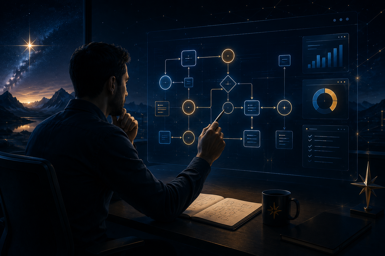 A man working on a digital flowchart or data analysis displayed on a transparent screen, with a night mountain landscape and starry sky outside the window.