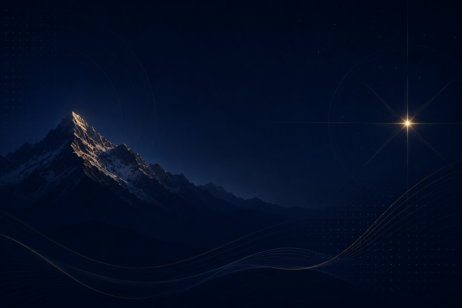 Night scene featuring a snow-capped mountain and a bright star in a starry sky with digital wave and dot patterns.