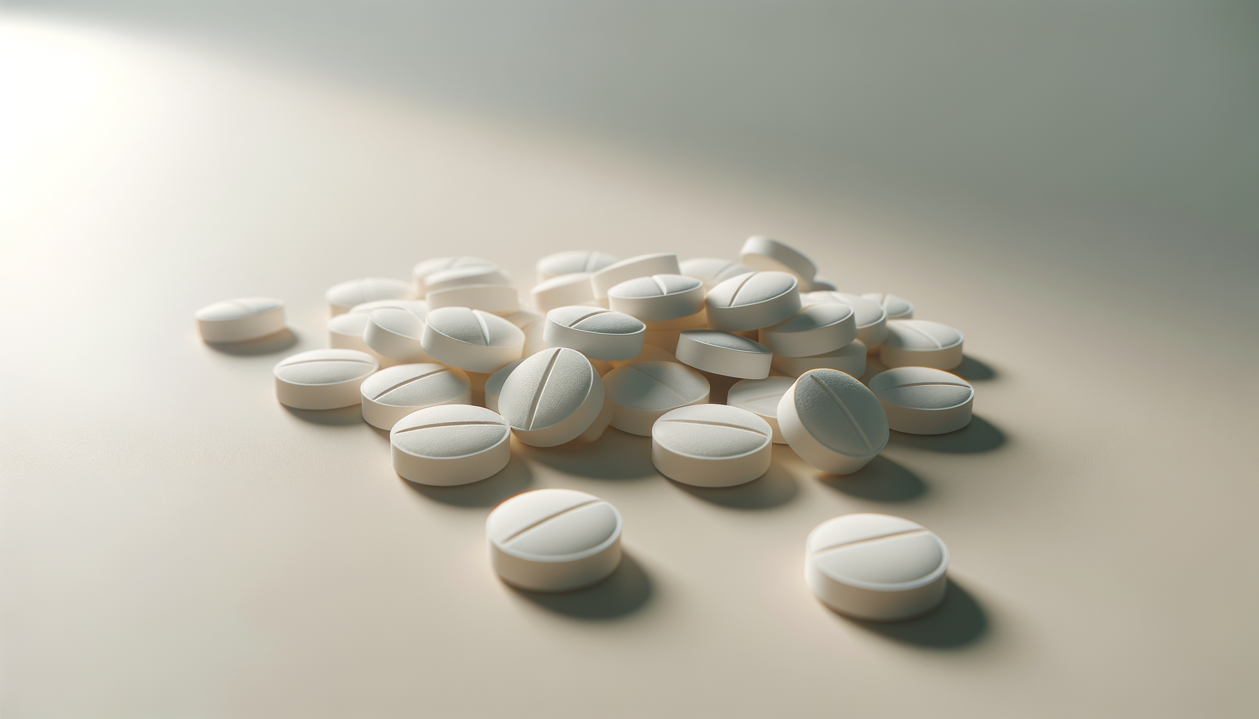 White oval pills scattered on a white surface with shadows and soft lighting.