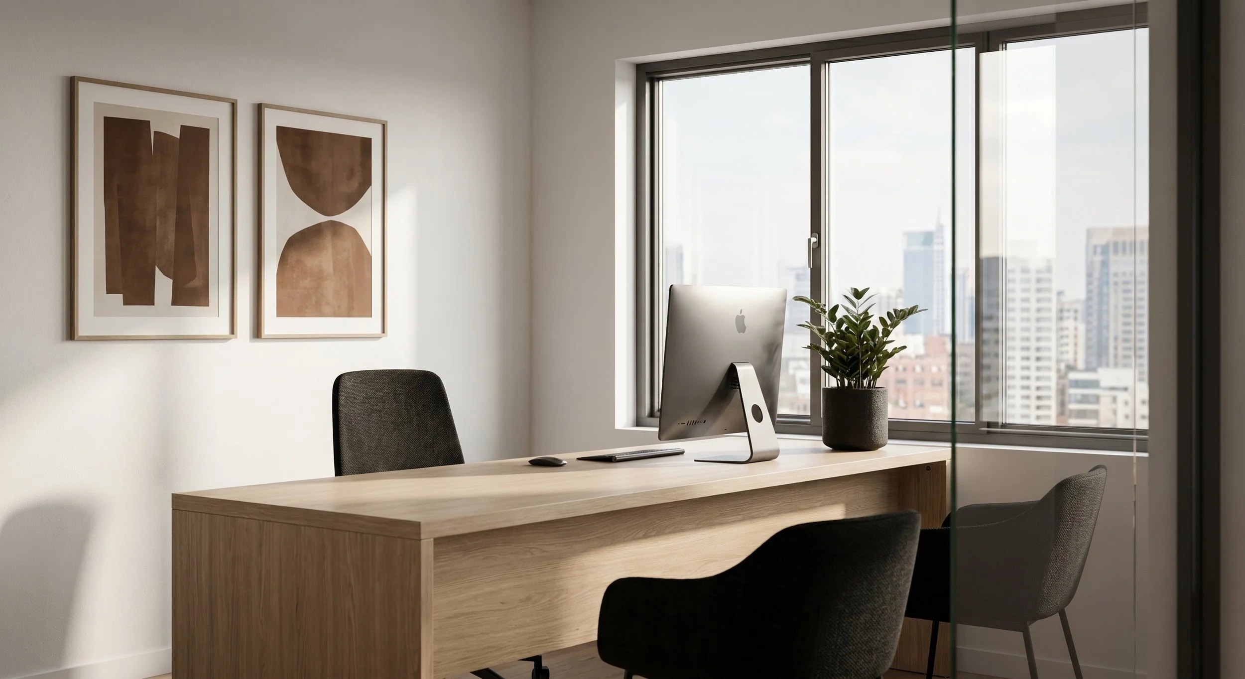 Bureau moderne avec un bureau en bois clair, un ordinateur, une plante en pot, une chaise noire, des tableaux abstraits sur le mur, et une grande fenêtre avec un paysage urbain.