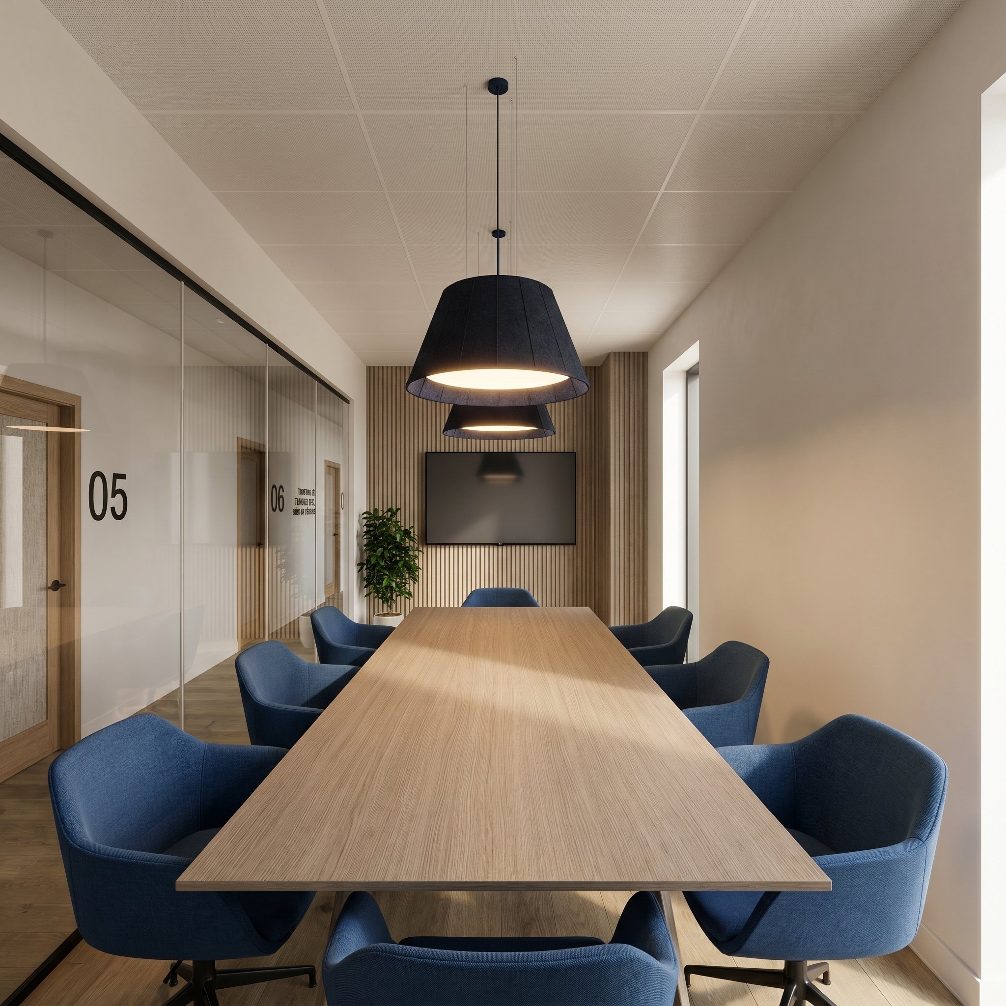 Une salle de réunion moderne avec une grande table en bois, six chaises bleues, deux lampes suspendues noires et un mur avec un écran plat et une décoration en bois vertical.