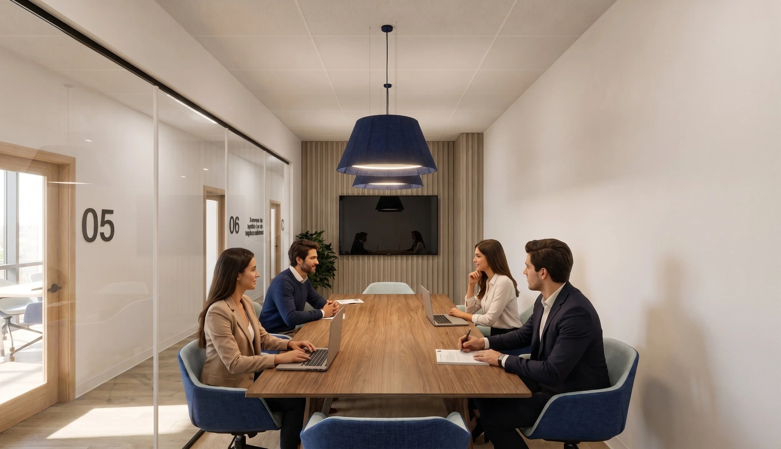 Une réunion d'affaires avec six personnes assises autour d'une grande table en bois, chacune avec un ordinateur portable, dans une salle de conférence moderne.