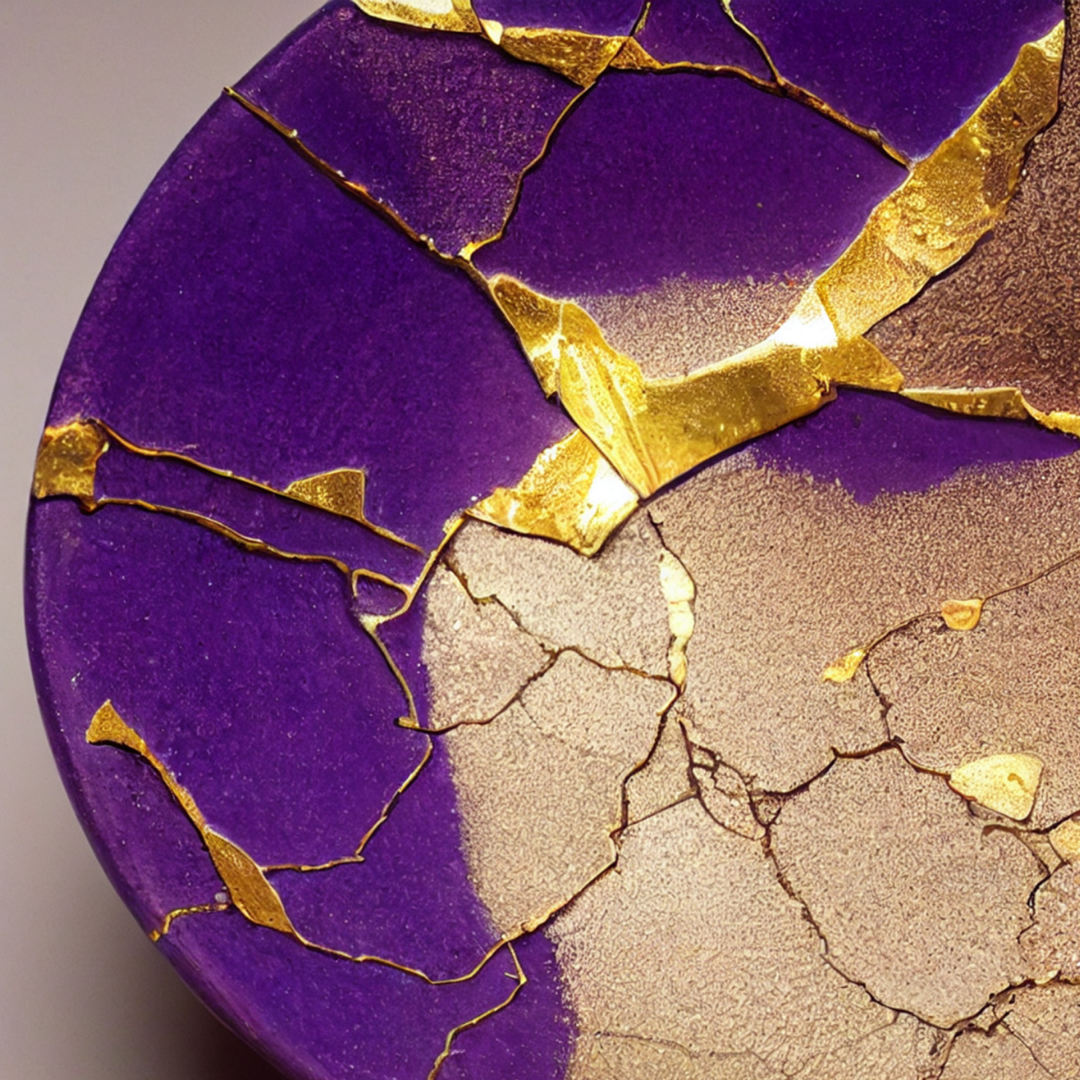 Close-up image of a purple and gold cracked decorative object, possibly a ceramic or stone piece.