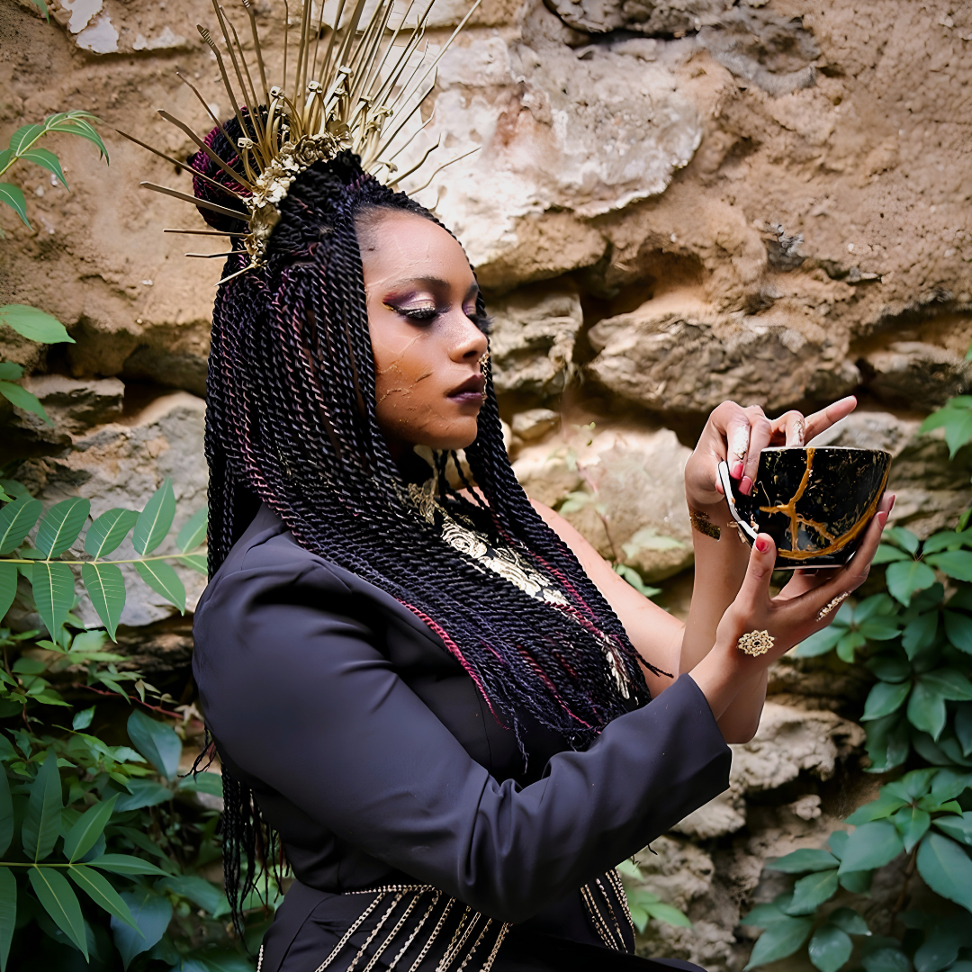 A woman dressed in black with intricate accessories, holding a black and gold cup near a stone wall and greenery.