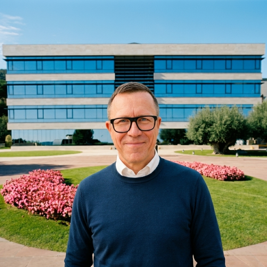 Man wearing glasses and a navy sweater standing outdoors in front of a modern glass building with pink flowering bushes and green grass.