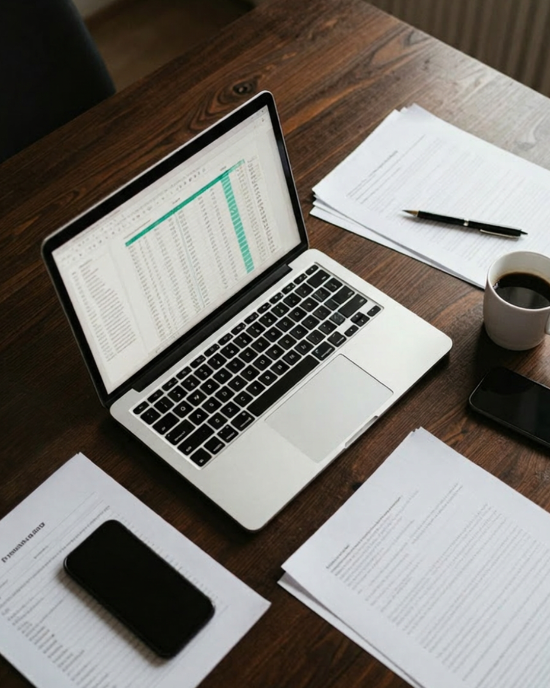 An open laptop displaying a spreadsheet on a wooden desk, surrounded by printed documents, a pen, a cup of coffee, and a smartphone.