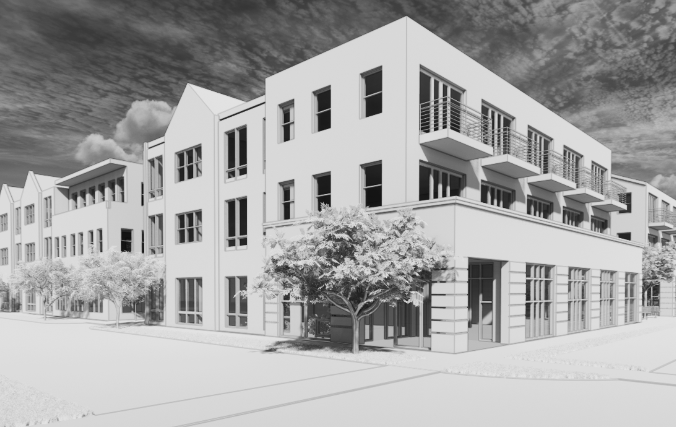 Black and white rendering of modern multi-story apartment buildings with trees along the street.