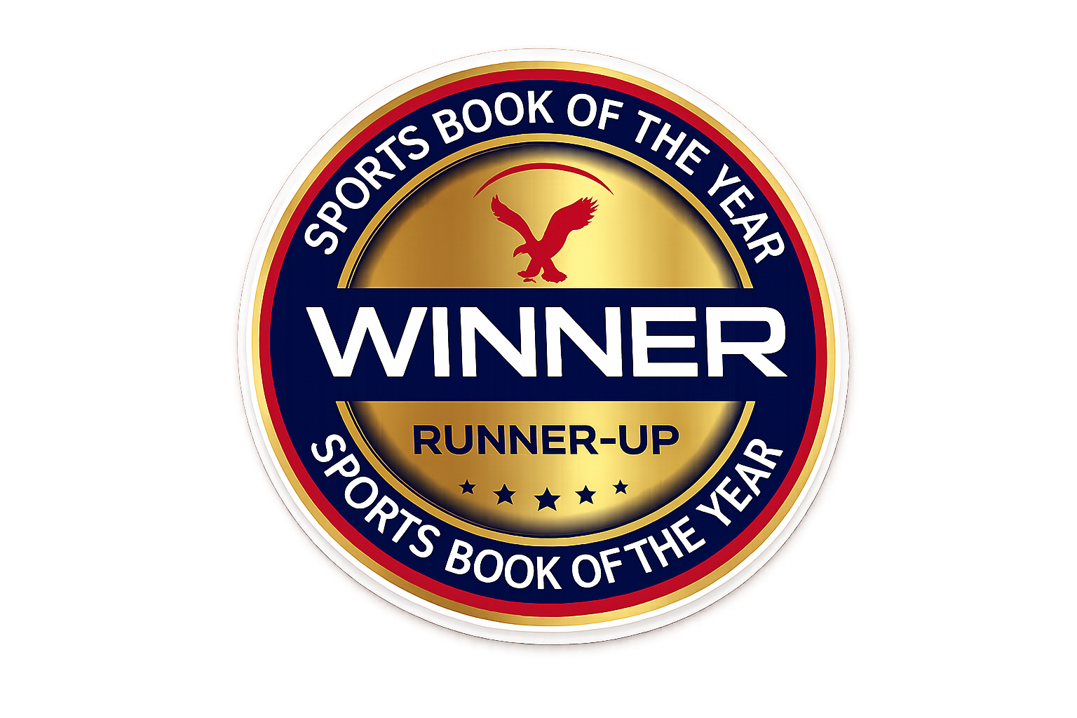A circular award badge with gold, blue, red, and white colors, indicating it is a sports book of the year. It has a red eagle silhouette at the top, the word "WINNER" in large white letters in the center, and "Runner-Up" below in smaller yellow letters. The badge is decorated with small stars and surrounded by a border.