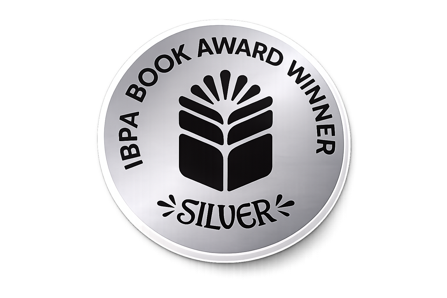 Silver circular award medal with black text and logo. It reads 'IBPA Book Award Winner Silver' with a stylized black and white abstract book or leaf design in the center.