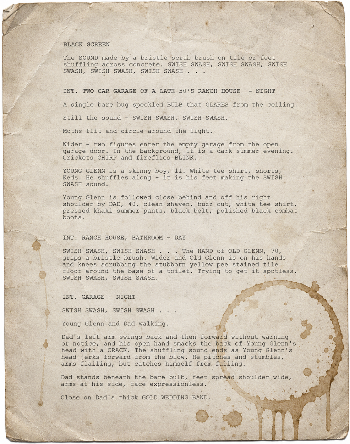 A vintage, weathered script typed on sepia-toned paper with coffee stains and tears. The text describes a scene with sounds, characters, and actions, resembling a screenplay or draft script.