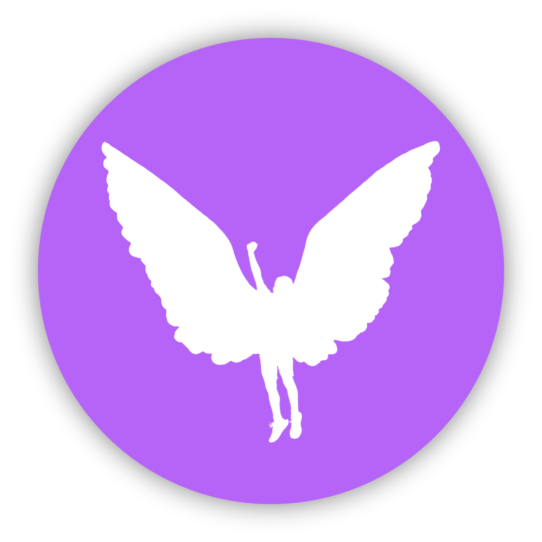 White butterfly silhouette with open wings on a purple circular background.